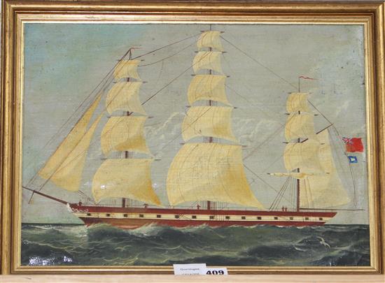 19th century English School, oil on canvas laid on board, Three master at sea, 31 x 43cm